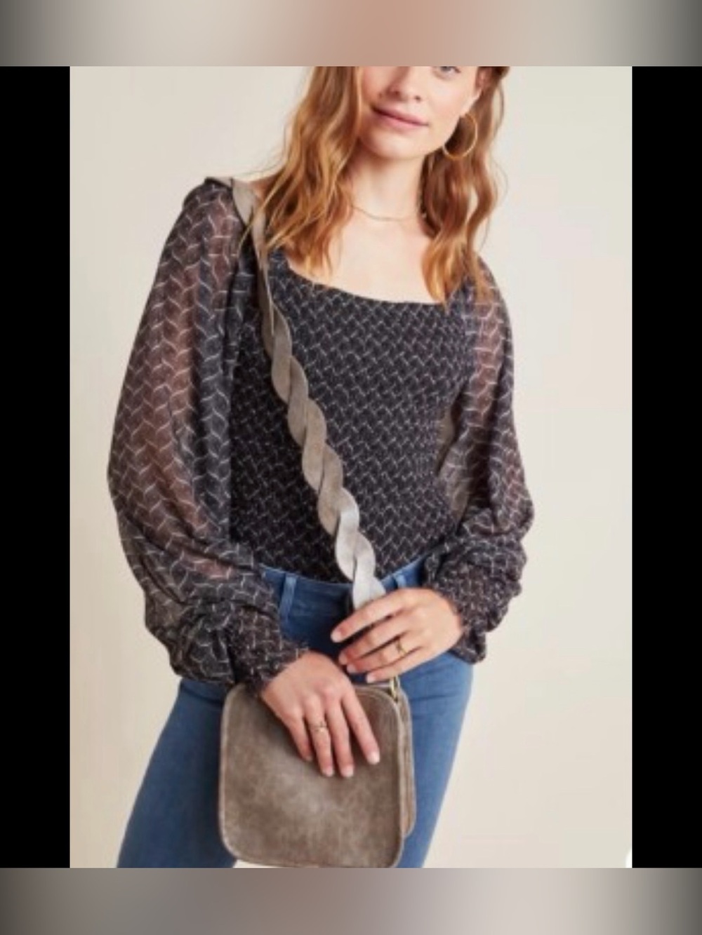 Anthropologie Black Sheer Patterned Square-Neck Blouse